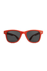 Pair of red rectangular sunglasses with gray lenses and gold hinges isolated on transparent background