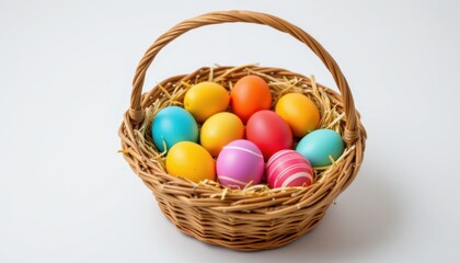 Fototapeta premium Colorful easter eggs in a woven basket indoor setting photography festive atmosphere close-up view celebration concept
