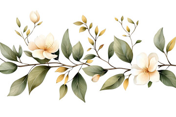 Line of flowers with green leaves and white flowers, isolated