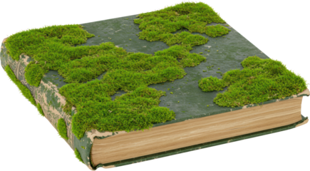 Antique Book Covered in Lush Green Moss Nature and Vintage Concept