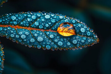 Fototapeta premium A single dewdrop rests on a leaf, reflecting the surrounding environment. Numerous smaller droplets adorn the leaf's surface