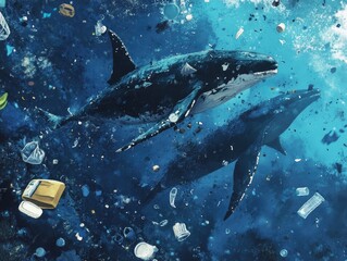 Two whales navigate a polluted ocean choked with plastic waste.