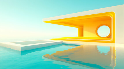 Modern minimalist architecture by the sea; yellow and white building with infinity pool. Perfect for design, travel, or luxury real estate ads.