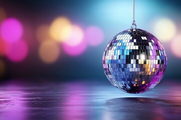 Obraz premium Disco ball is hanging from a string in a dark room