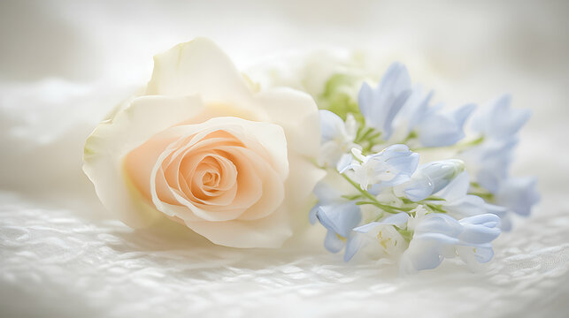 Delicate peach rose and light blue flowers rest gently on soft white fabric. A tranquil and serene image perfect for wedding invitations or romantic designs.
