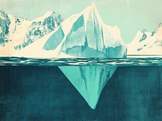 Icy mountain peak, partially submerged in water.