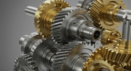 Gears interlocking representing mechanical process and teamwork, with metal and gold tones