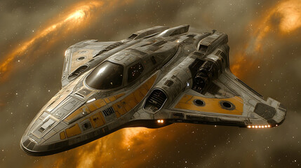 A sleek, futuristic spacecraft soars through a nebula, its design blending functionality with aesthetic appeal.  Detailed textures and lighting showcase its intricate components