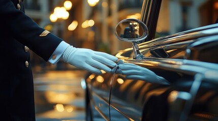 elegant glove-clad hand opening the door of a luxury vintage car reflecting city lights in a warm evening setting