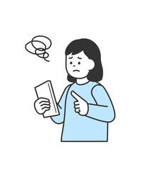スマホを見ながら困る女性のイラスト　ベクター
