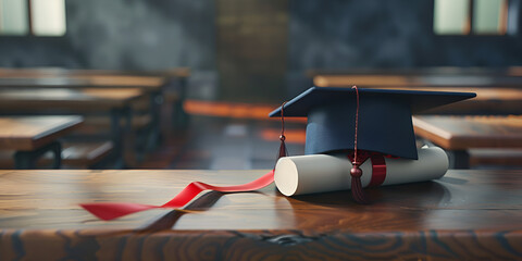 Graduation Cap and Diploma on Wooden Table, Academic Achievement Celebration, Education Success Concept  
