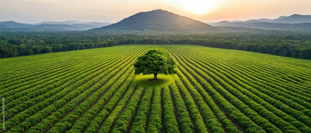 Poster lone tree stands in a field of rows at sunset with mountains and forest in the background landscape.
