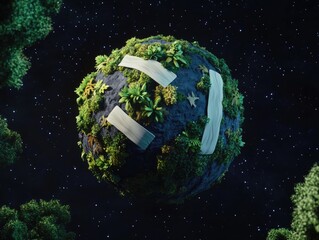 A miniature, mossy planet with strips of paper.