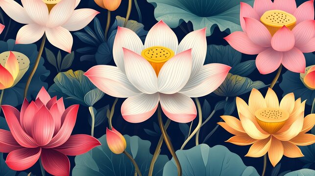 Intricate lotus blossoms in a vibrant floral pattern.