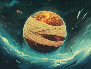 A burning planet, wrapped in bandages, floats in space.