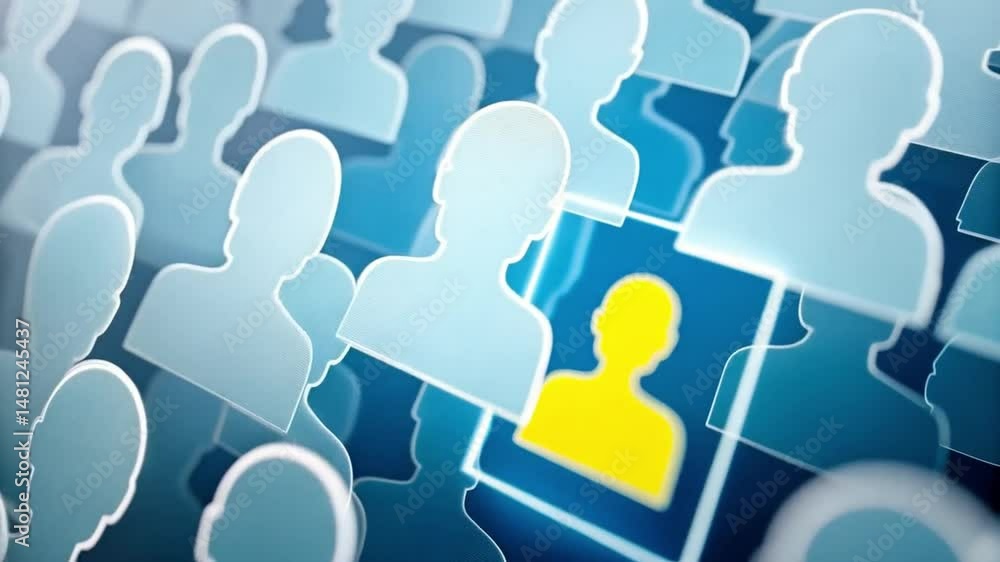 Poster hand selecting a highlighted candidate from a group of head silhouettes on a blue background