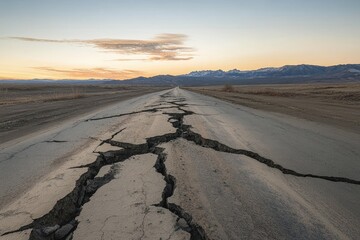 Cracked asphalt road stretches toward distant mountains.