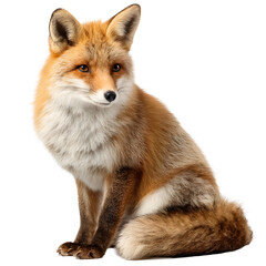 Fototapeta premium A beautiful red fox sits and poses for a photo, looking to the side with a thoughtful expression.