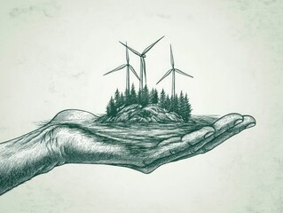 Renewable energy sources held within a caring hand.