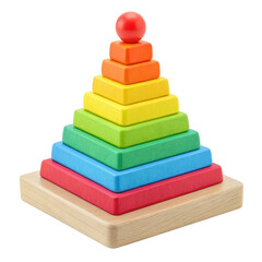 Colorful Wooden Stacking Pyramid Toy for Children with a Red Ball on Top and Transparent Background
