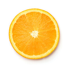 Orange fruit slice isolated on white background. Cut in half orange citrus, top view, flat lay