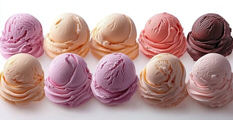 Obraz premium Ten scoops of various flavored ice cream arranged in two rows on a white surface showcasing creamy texture and pastel colors