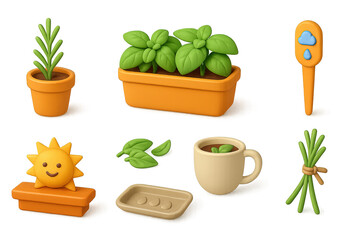 Gardening and nature icons set – 3d, horticulture, plant care visuals