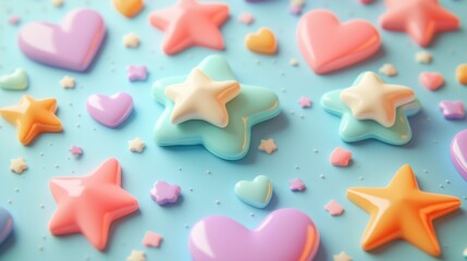 Obraz premium Colorful Candy Stars and Hearts on Soft Blue Background