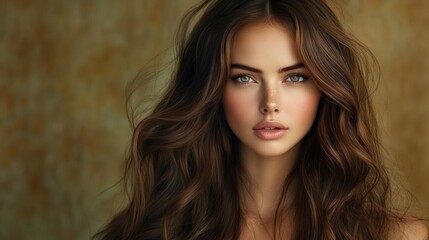 Fototapeta premium Close-up portrait of a young woman with long wavy brown hair, green eyes, and natural makeup against a blurred warm brown background, expressing calm confidence