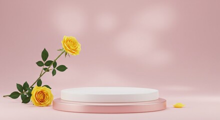 Elegant Pink and White Podium with Yellow Roses Product Display Mockup