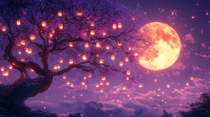 Large twisted cherry blossom tree with glowing lanterns hanging from its branches at dusk under a huge bright full moon and floating lanterns in the purple sky