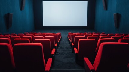 Obraz premium Empty cinema auditorium with red seats and blank screen awaiting audience