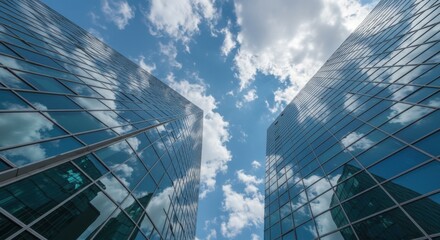 Skyscrapers reflecting sky symbolizing urban growth and modern architecture, with glass facades and cloud reflections