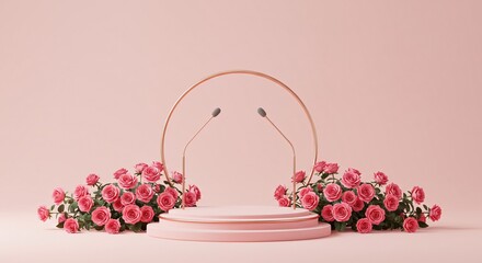 Elegant Pink Rose Floral Display with Modern Gold Arch and Podium Perfect for Product Presentation or Event Promotion