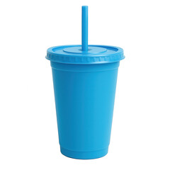 Blue plastic cup with lid and straw on transparent background