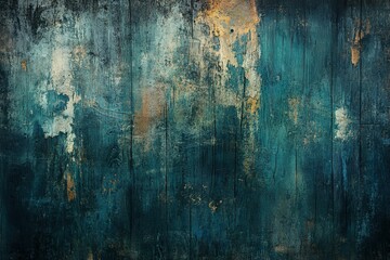 Obraz premium A dark, wooden wall with a grunge texture featuring shades of blue, green, and brown. The background is dark, and the image is detailed, photorealistic, and high in resolution and detail