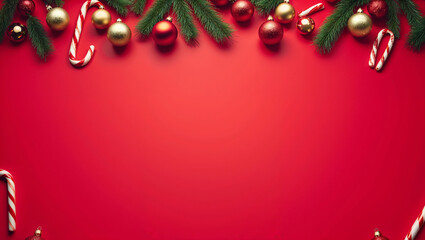 Christmas Garland Border with Ornaments and Candy Sticks on Red
