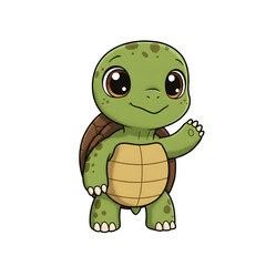 Fototapeta premium Chibi turtle with oversized shell and gentle smile, waving with one flipper