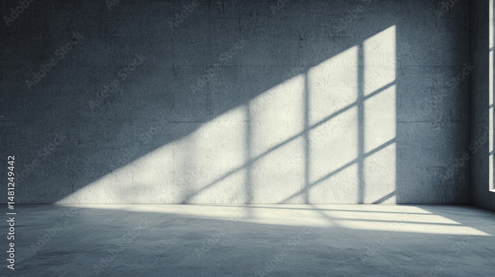 Poster sunlight casting shadows in empty room with concrete walls and floor
