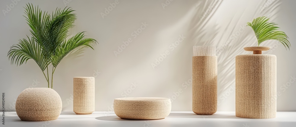 Poster Organic minimalist display showcases textured cylindrical platforms with botanical elements on soft white backdrop.