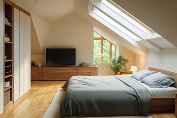 Cozy attic bedroom with slanted ceiling skylights, wooden bed with grey bedding, wooden floor, indoor plants, and a TV on a wooden media console under natural light