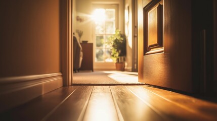 Open door to a sunlit clean room with simple decor, conveying peace and freshness in a minimalist space.