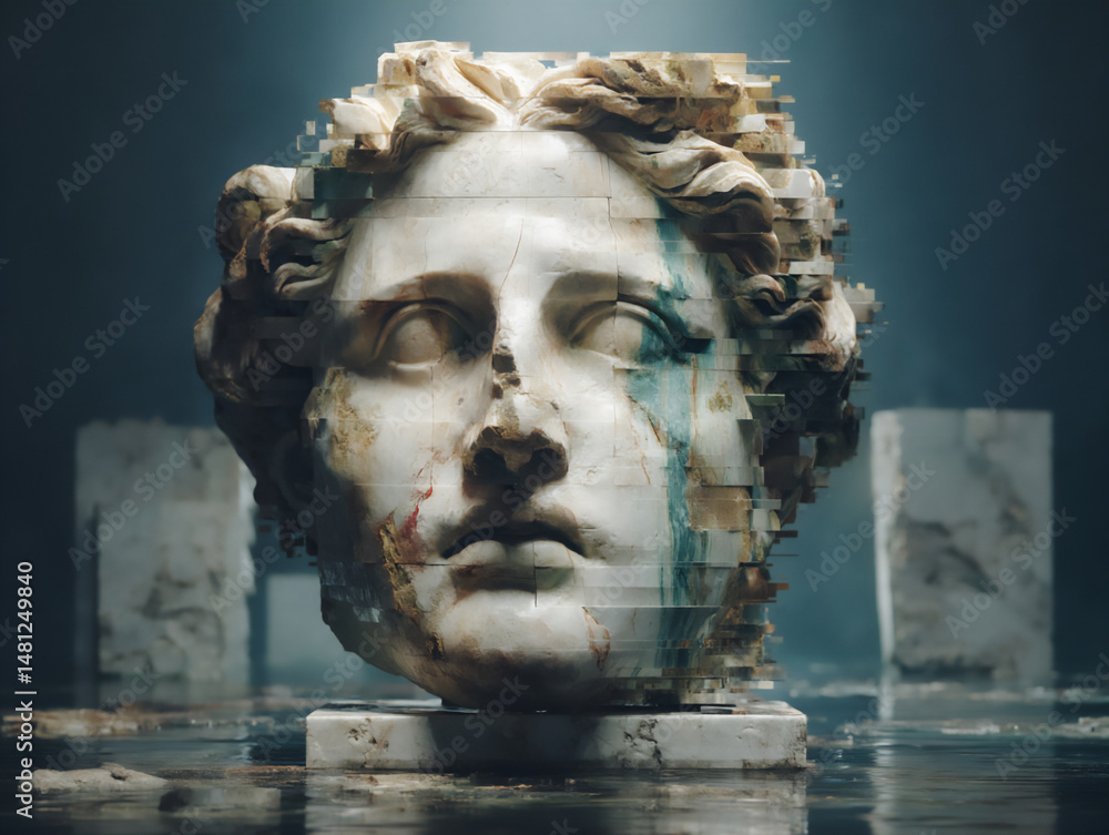 Poster abstract 3d rendering of a holographic projection of a corinthian helmet flickering with digital gli