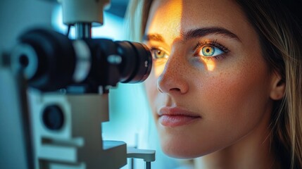 close-up of a woman undergoing an eye examination with a slit lamp highlighting her vibrant blue eye and focused expression