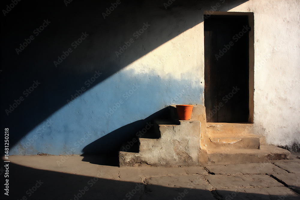 Poster bright and minimalist photograph focusing on the geometric shadows cast by the treads of a staircase