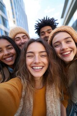 group of five diverse young adults wearing winter clothes smiling happily outdoors in an urban setting