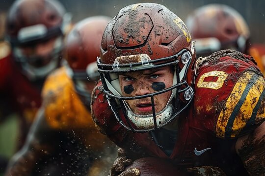 Determined muddy football player in maroon and yellow uniform holding ball with teammates behind in rainy weather