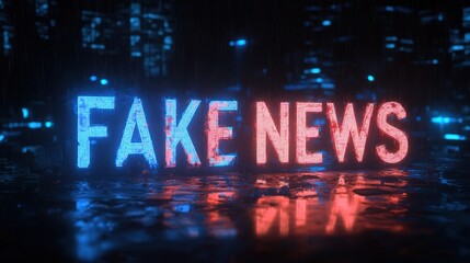 illuminated digital text displaying the phrase fake news in contrasting blue and red colors with reflections on wet surface against a dark cityscape background evoking a sense of caution and alertness