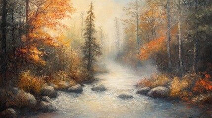 Misty Autumn River Landscape with Trees and Flowing Water