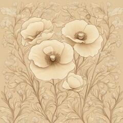 Detailed sepia-toned illustration of large blooming poppy flowers with delicate leaves and small buds in an elegant floral pattern